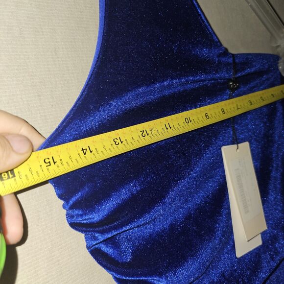 Blue Velvet Bandeau Maxi Dress One Shoulder Size Small Ruch Red Carpet Glam - Picture 8 of 14